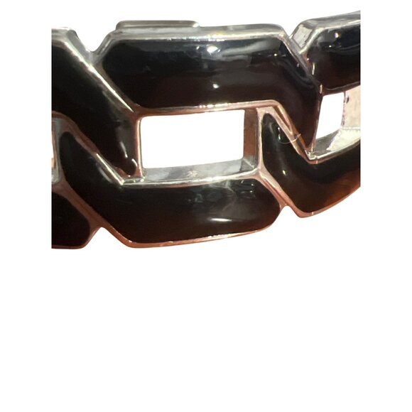 Chunky Silver Tone Black Enamel Chain Link Bangle Bracelet Clamper Hinged 6.5" - Picture 2 of 4